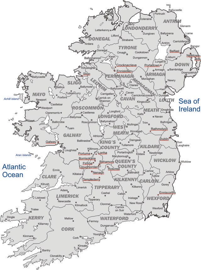 a map of Ireland with place names connected with Two-by-Twos history underlined in red