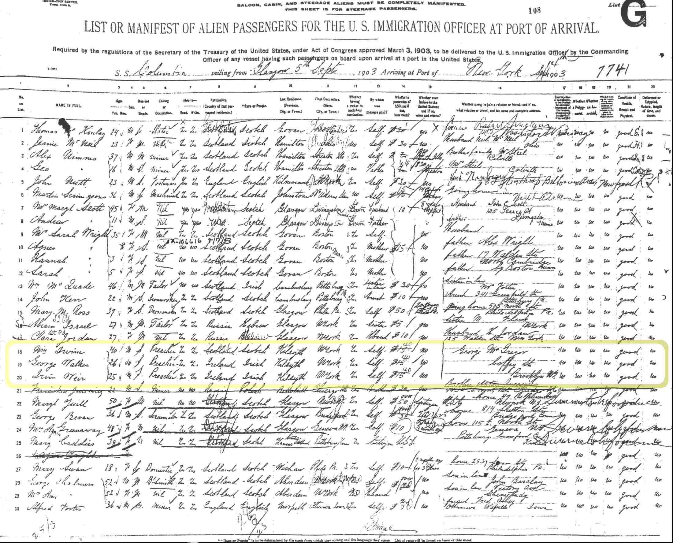 enlarged image showing U.S. Immigration's record of the first workers to enter the United States